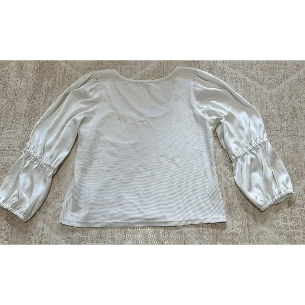 Maeve Anthropologie Top Women XL White Satin Sleeve Blouse Romantic Ribbed